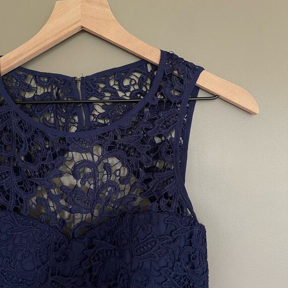 Lulus Romantic Tale Navy Blue Lace Mini Skater Dress Size Medium Open Back Sexy - Picture 7 of 16